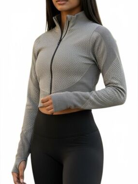 Bella Movement Honeycomb Textured Seamless Zip Crop Jacket Gray M | Athleisure